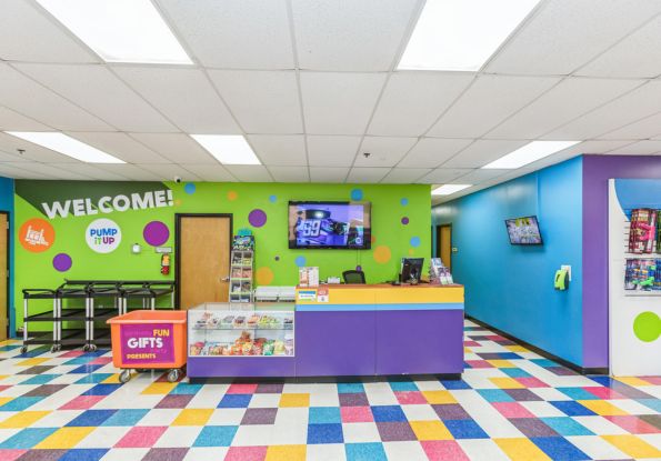 Pump It Up Metro Jackson MS front lobby Desk and area where kids watch the safety video before one hundred precent private party